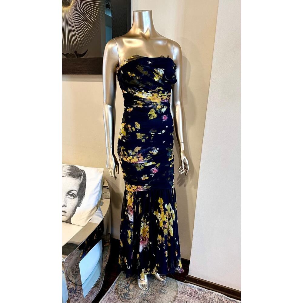 Dolce & Gabbana Black Yellow Floral Ruched Silk Chiffon Evening Gown (IT38/US 2) - Picture 9 of 12
